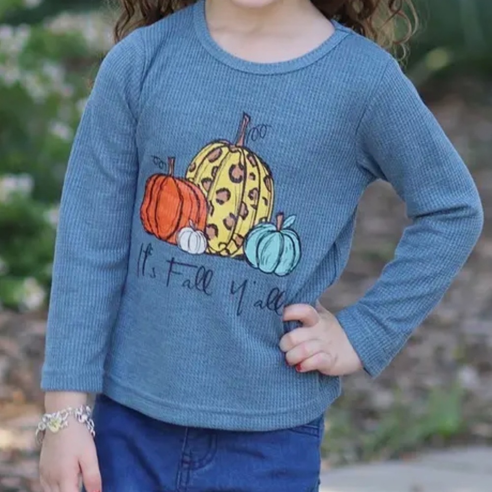 It’s Fall Y’all Pumpkin Blue Waffle Knit Long Sleeve Shirt